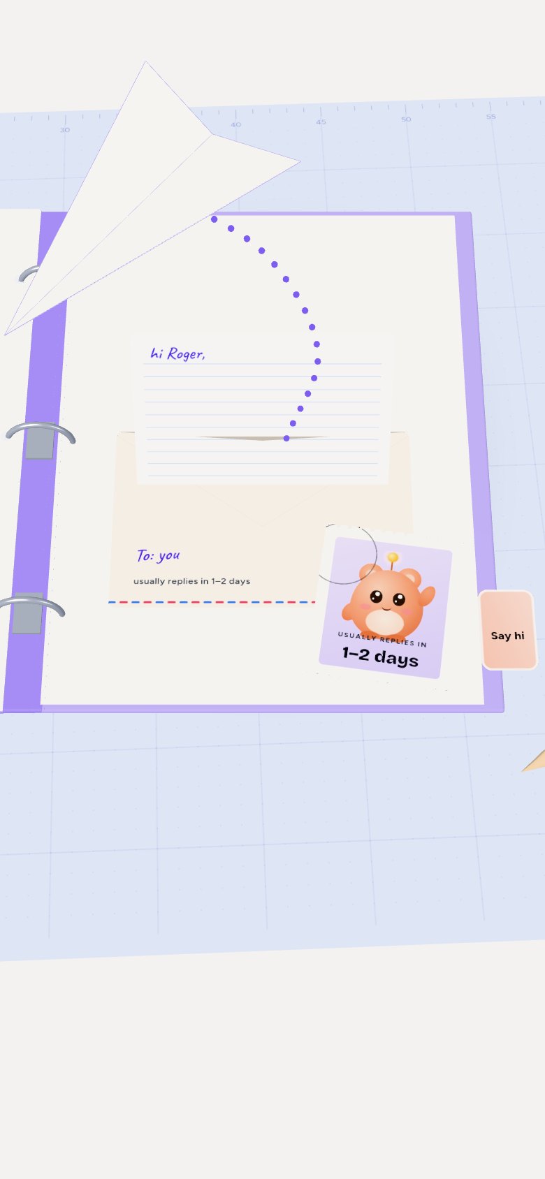 The back of the binder: an envelope with its flap open and a letter half out, a stamp with the sidekick, and a paper plane flying off with a dotted trail.