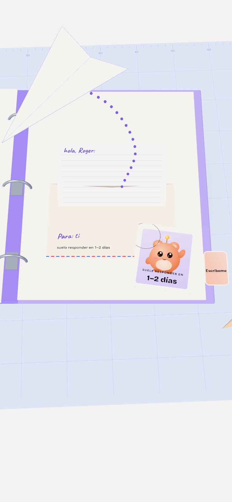 La contraportada de la carpeta: un sobre con la solapa abierta y una carta asomando, un sello con la mascota y un avión de papel que sale volando con su estela.