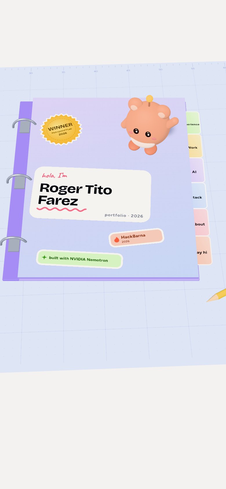Roger’s portfolio as a ring binder on a cutting mat: stickers on the cover, coloured index tabs along the side and the sidekick waving from the top.