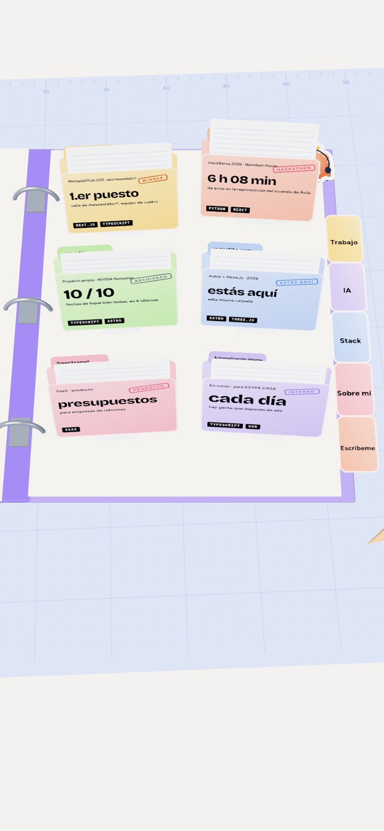 La carpeta abierta por Trabajo: seis carpetas de proyecto en tonos pastel se levantan de la página derecha, cada una con su dato y su sello.
